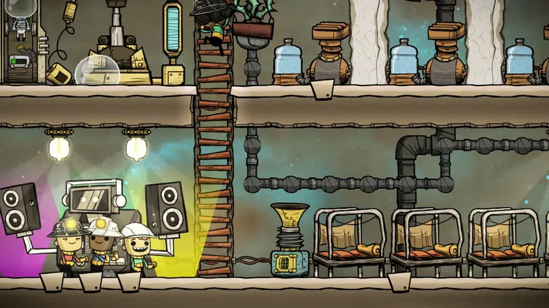 Base Oxygen Not Included avec zones de repos, bouteilles d’eau et Duplicants près d’équipements utiles au moral et à la routine
