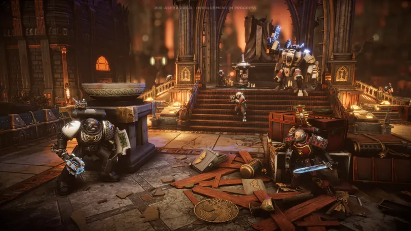 Warhammer 40,000 Chaos Gate Deathwatch montrant un décor grimdark et une escouade en progression
