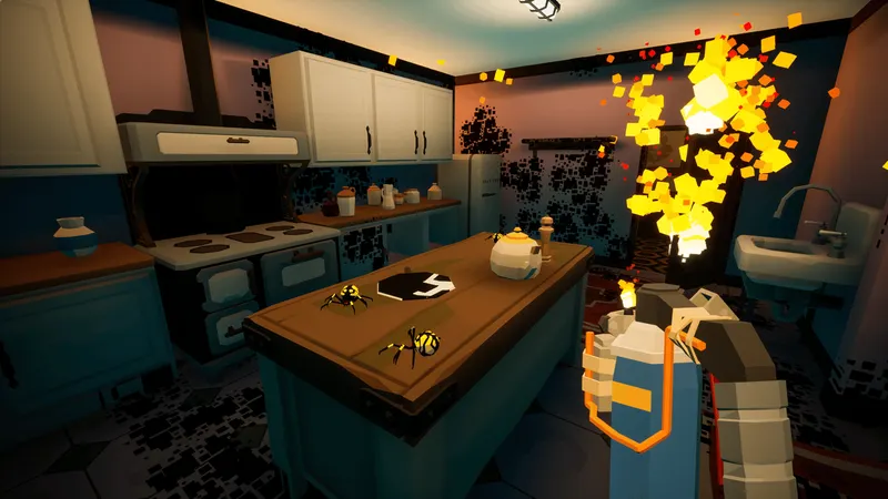 Cuisine de Kill It With Fire 2 avec araignées visibles et arme de feu pour nettoyer une courte zone