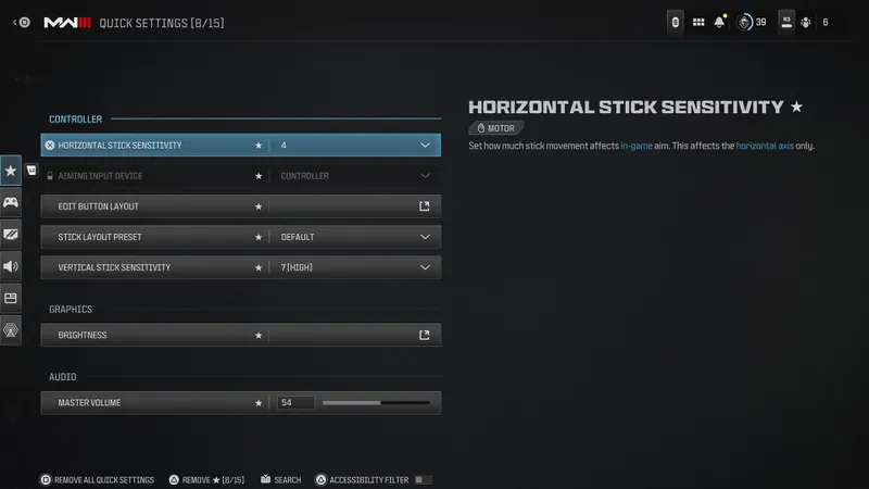 Menu Quick Settings PlayStation de Call of Duty avec sensibilité du stick et entrée manette pour préparer Warzone sur PS5