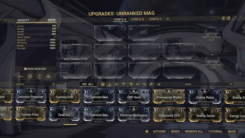 Interface de mods de Warframe montrant un équipement configuré utile pour comparer rapidement si les builds du compte principal sont bien présents après la liaison