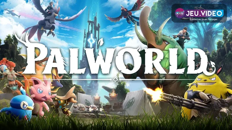 Art officiel de Palworld montrant plusieurs Pals autour du héros pour illustrer la défense et l'organisation d'une base early game