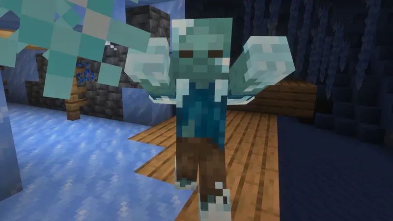 Gros plan sur un zombie glacé aux bras levés dans une grotte de glace.