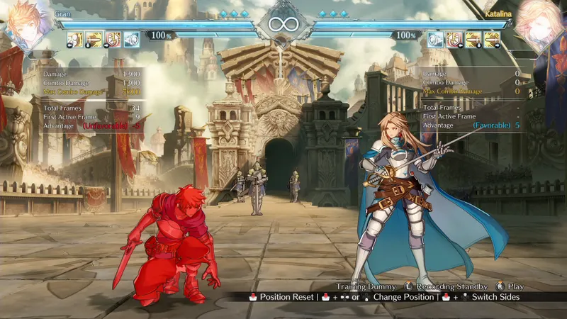 Granblue Fantasy Versus Rising écran d'entraînement avec données de dégâts