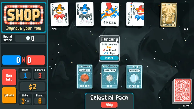 Celestial Pack de Balatro montrant des Planet Cards pour améliorer une main précise avant une Blind difficile