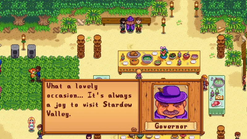Capture officielle de Stardew Valley montrant plusieurs habitants réunis lors d’un événement de Pelican Town.