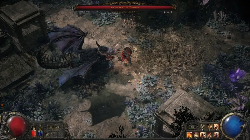 Affrontement contre Xyclucian the Chimera dans Path of Exile 2, un grand boss mobile qui sert bien à tester la précision du ciblage à la manette