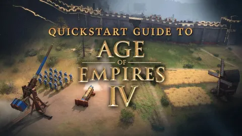 Partie d’Age of Empires IV montrant une scène stratégique avec base, ressources et unités