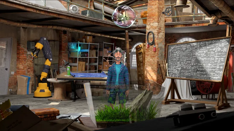 Whirlight sur Steam montrant Hector dans son atelier rempli d’inventions