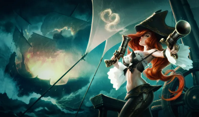 Miss Fortune, tireuse de League of Legends, tenant ses pistolets sur le pont d’un navire