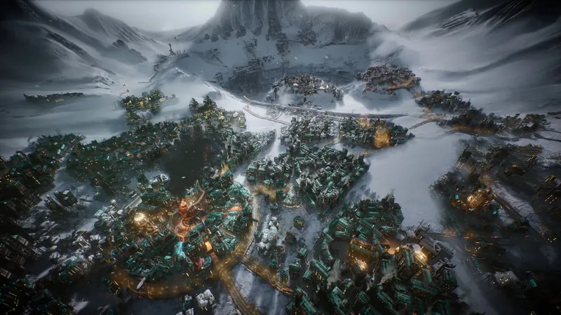 Frostpunk 2 montrant une grande ville encerclée par la neige