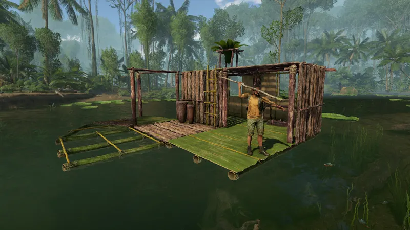 Construcción de madera en Green Hell que ilustra la progresión de un campamento multijugador alojado en PC