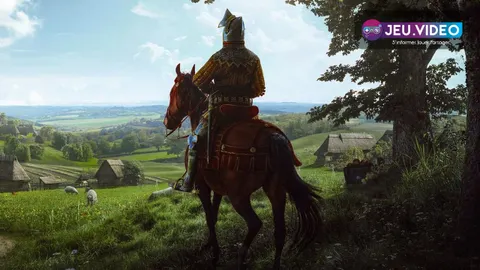 Artwork officiel de Manor Lords montrant un seigneur à cheval devant un village médiéval pour illustrer un guide de départ stable
