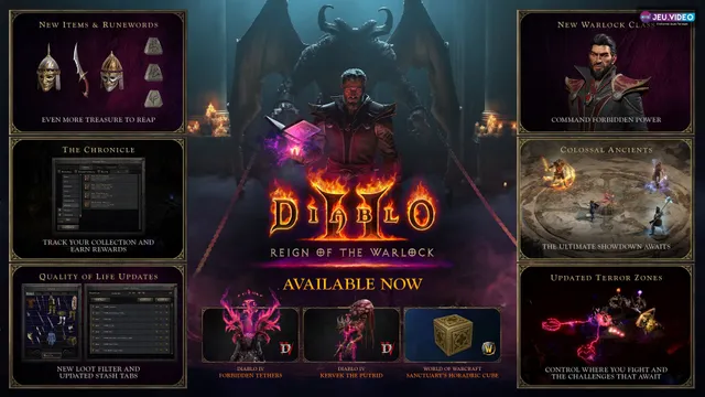 Visuel officiel Diablo 2 Reign of the Warlock montrant le Warlock, les nouveaux objets, la Chronicle, les Terror Zones et les Colossal Ancients
