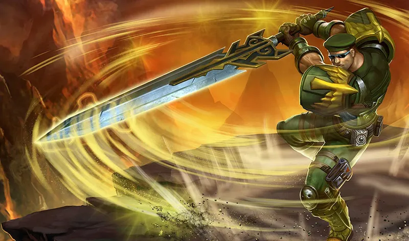 Garen dans un splash art officiel montrant un style offensif adapté aux duels top lane