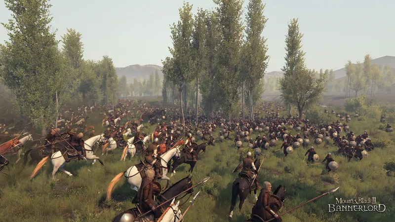 Combatientes de Mount and Blade II Bannerlord luchando al pie de una fortaleza