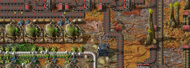 Usine Factorio Space Age sur Gleba avec cultures, tapis et machines biologiques pour anticiper la gestion du spoilage