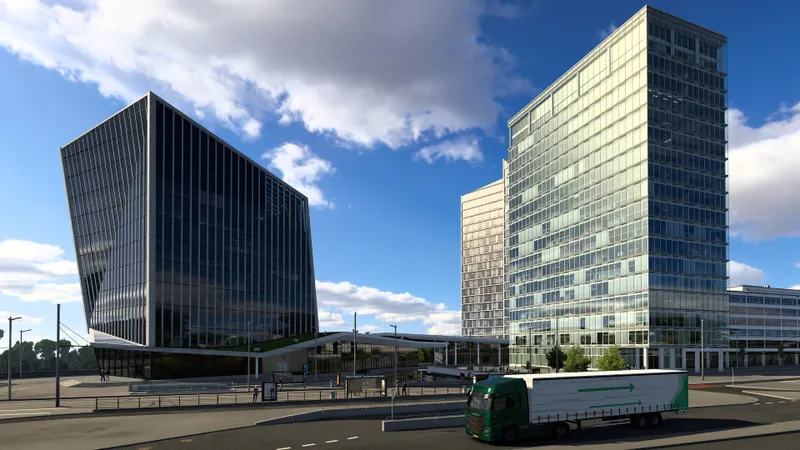 Camion d’Euro Truck Simulator 2 dans une zone urbaine où les ombres et les miroirs peuvent réduire les FPS