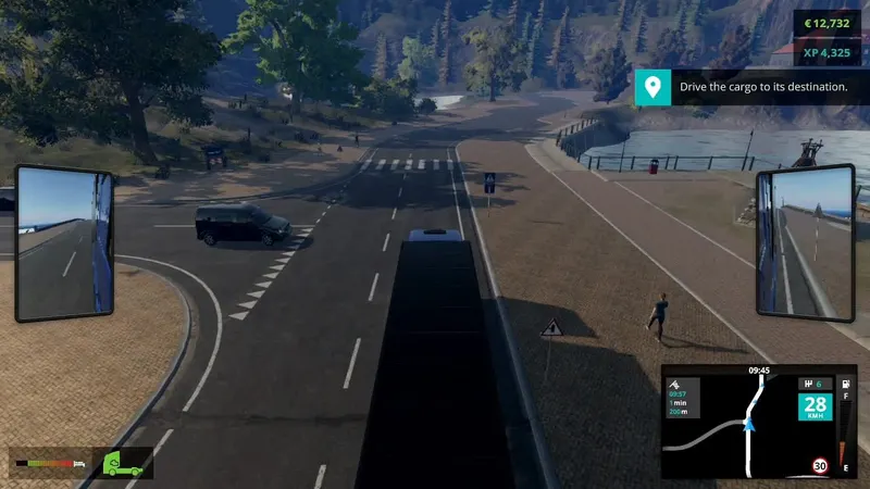 Intersection dans Truck Driver avec camion, mini-carte et piéton pour ralentir avant une zone urbaine