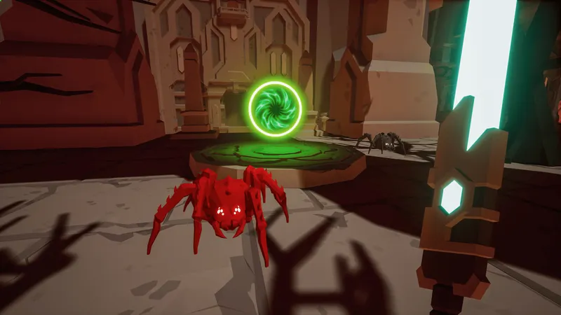 Zone Spider Hell de Kill It With Fire 2 avec araignées rouges, portail vert et arme lumineuse