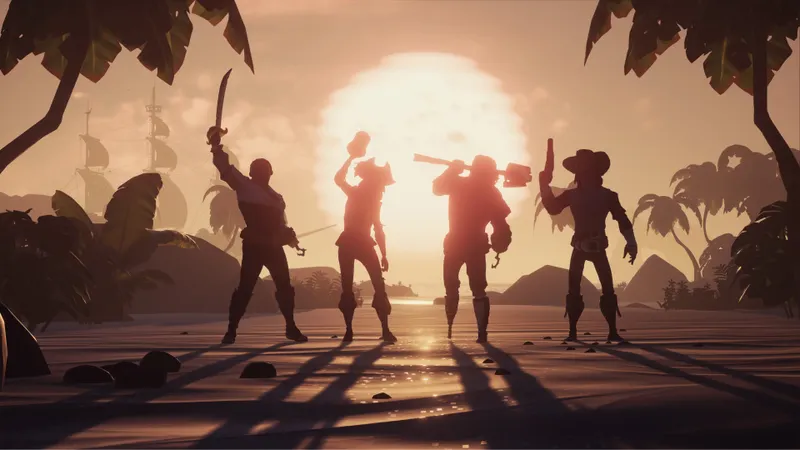 Équipage de Sea of Thieves sur une plage avec un navire en arrière-plan avant de rapporter du butin à vendre