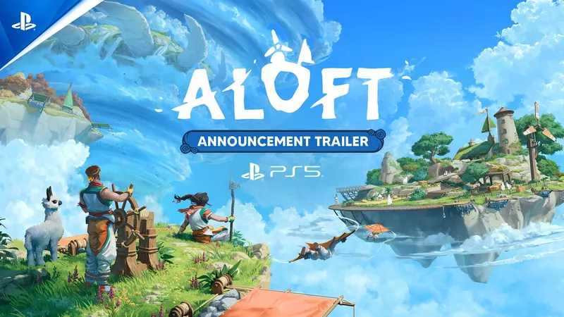 Bannière Aloft portant la mention « Announcement Trailer », avec des personnages et un lama sur une île flottante face à une autre île couverte de maisons et de moulins.