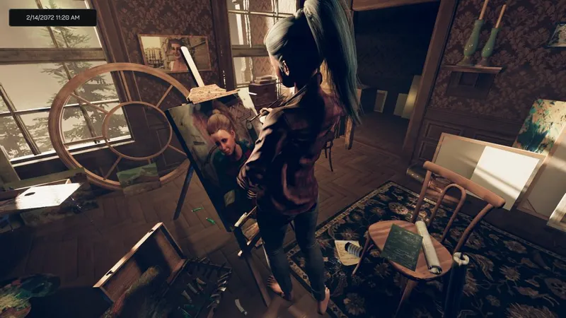 Une image de la jeune fille que vous devez retrouver, de dos en train de peindre.