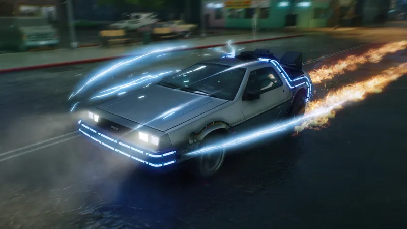Stuntman Hollywood avec voiture temporelle, flammes et effets lumineux
