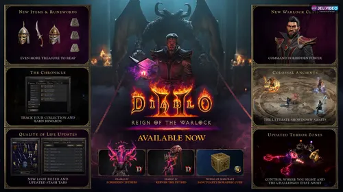 Visuel officiel Diablo 2 Reign of the Warlock montrant le Warlock, les nouveaux objets, la Chronicle, les Terror Zones et les Colossal Ancients