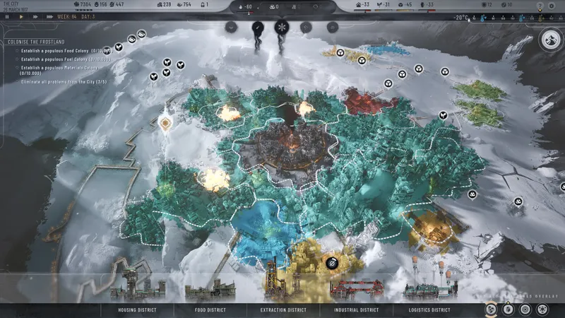Frostpunk 2 avec une carte de districts et de colonies sous la neige