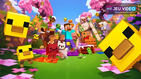 Personnages Minecraft explorant un paysage de survie lumineux avant de bâtir une base dans l’Overworld