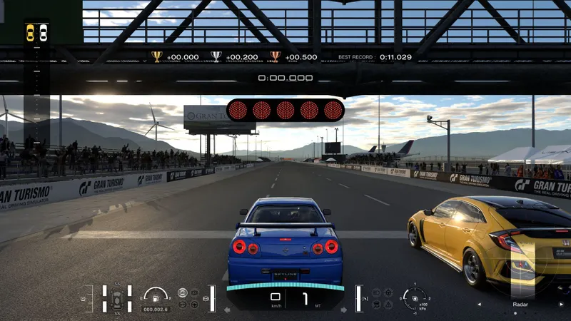 Départ de course Gran Turismo 7 avec une Nissan Skyline et une Honda Civic pour comparer propulsion, traction et motricité au lancement
