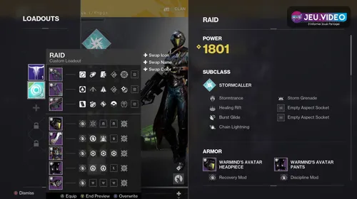 Écran du Chasseur prismatique de Destiny 2 avec ses capacités et aspects pour un build PvE polyvalent