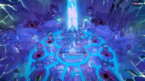 Sanctuaire glacé de Cult of the Lamb Woolhaven avec le Lamb devant une lumière bleue pour préparer l’entrée du DLC