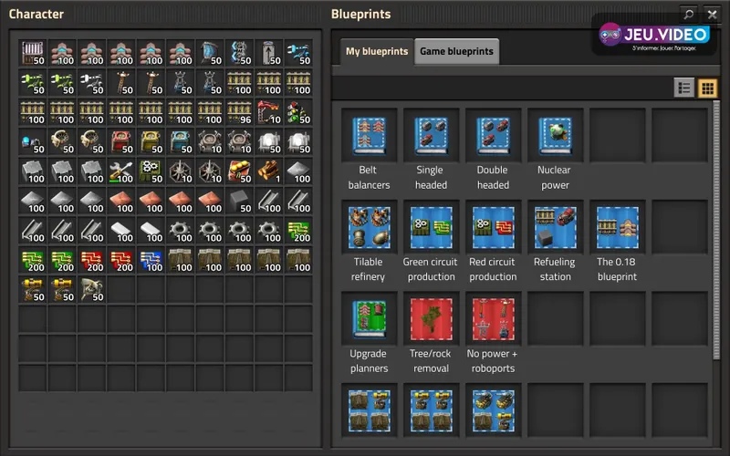 Vue officielle de la bibliothèque de blueprints dans Factorio, avec les sections My blueprints et Game blueprints