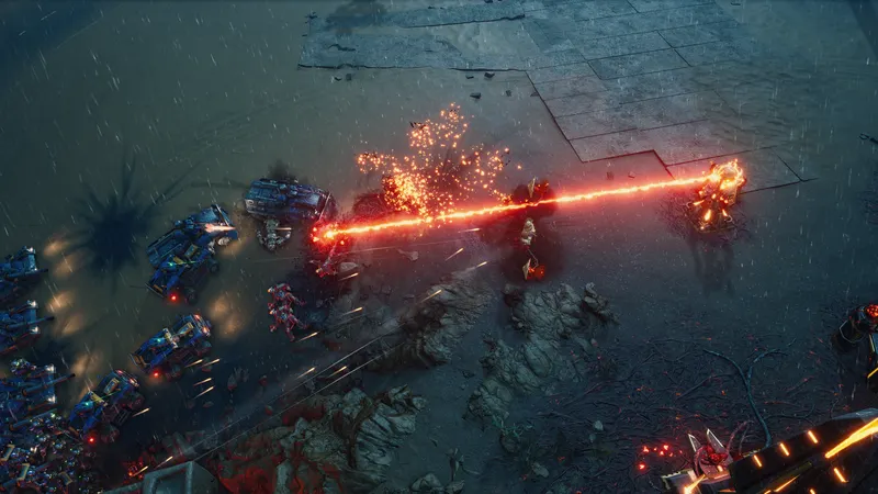 Unité Veti de Tempest Rising tirant un laser violet pendant un affrontement multijoueur