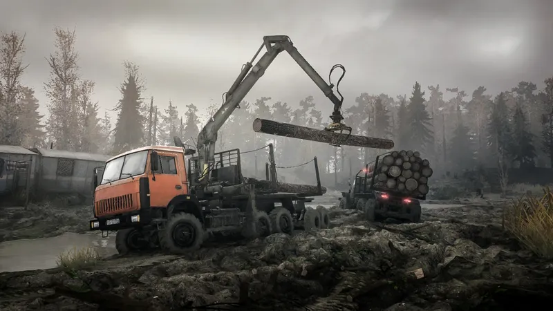 Camion de MudRunner chargé sur une piste forestière, illustration d’une mission à lancer après avoir synchronisé les mods du groupe