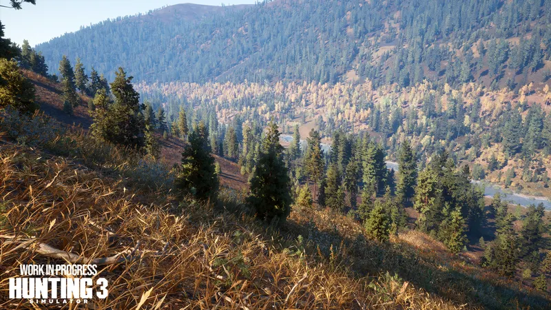 Vallée boisée de Hunting Simulator 3 vue depuis une pente pour préparer une approche discrète