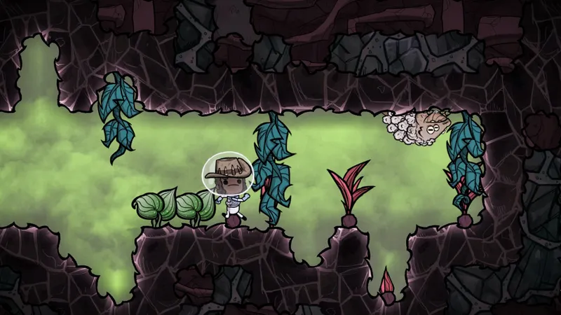 Biome gazeux d’Oxygen Not Included avec plantes et Duplicant en combinaison pour reconnaître les zones à ne pas ouvrir trop tôt