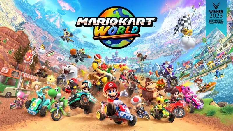 Mario en kart sur une large route de Mario Kart World