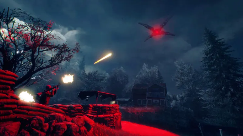 Personnage de Generation Zero utilisant un bâtiment comme couvert pendant un combat contre plusieurs machines