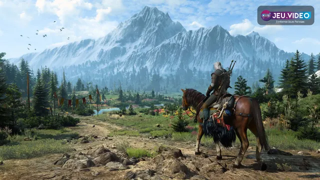 Geralt à cheval face à une vallée montagneuse dans The Witcher 3, image officielle adaptée à un guide de réglages Steam Deck