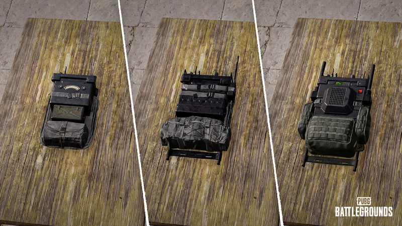 Trois niveaux de Jammer Pack dans PUBG montrant les sacs à choisir selon la capacité et la protection contre la Blue Zone
