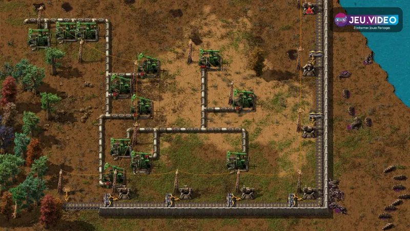 Base Factorio entourée de murs et de tourelles montrant une défense débutant contre les biters attirés par la pollution