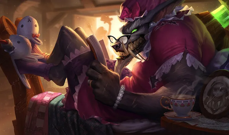 Quatrième splash art officielle de Warwick utilisée pour illustrer le timing du premier dragon dans League of Legends.