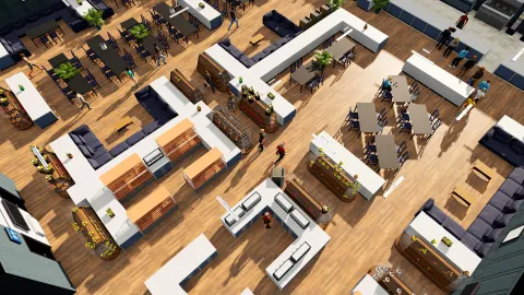 Big Ambitions 1.0 montrant la ville et ses activités commerciales