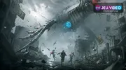 Illustration officielle de Once Human montrant trois survivants courant dans une ville dévastée sous un immense Deviant volant.