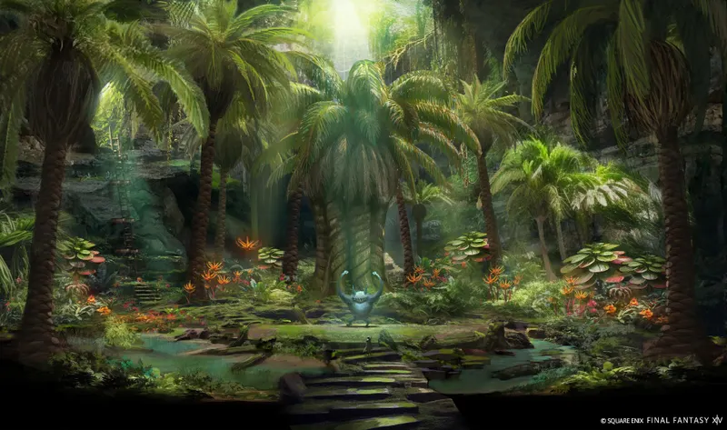 Décor dense de Final Fantasy XIV Dawntrail pour tester la stabilité FPS hors combat