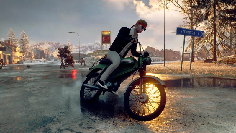 Combat de Generation Zero illustrant l’usage d’une arme expérimentale contre une machine dans un environnement ouvert