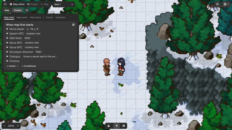 PS Maker présente une scène 2D avec des personnages et un décor
